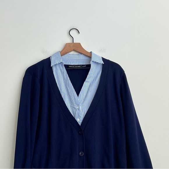 English Factory Blue Mixed Media Layered Cardigan Blouse Collared Button down - Picture 5 of 11